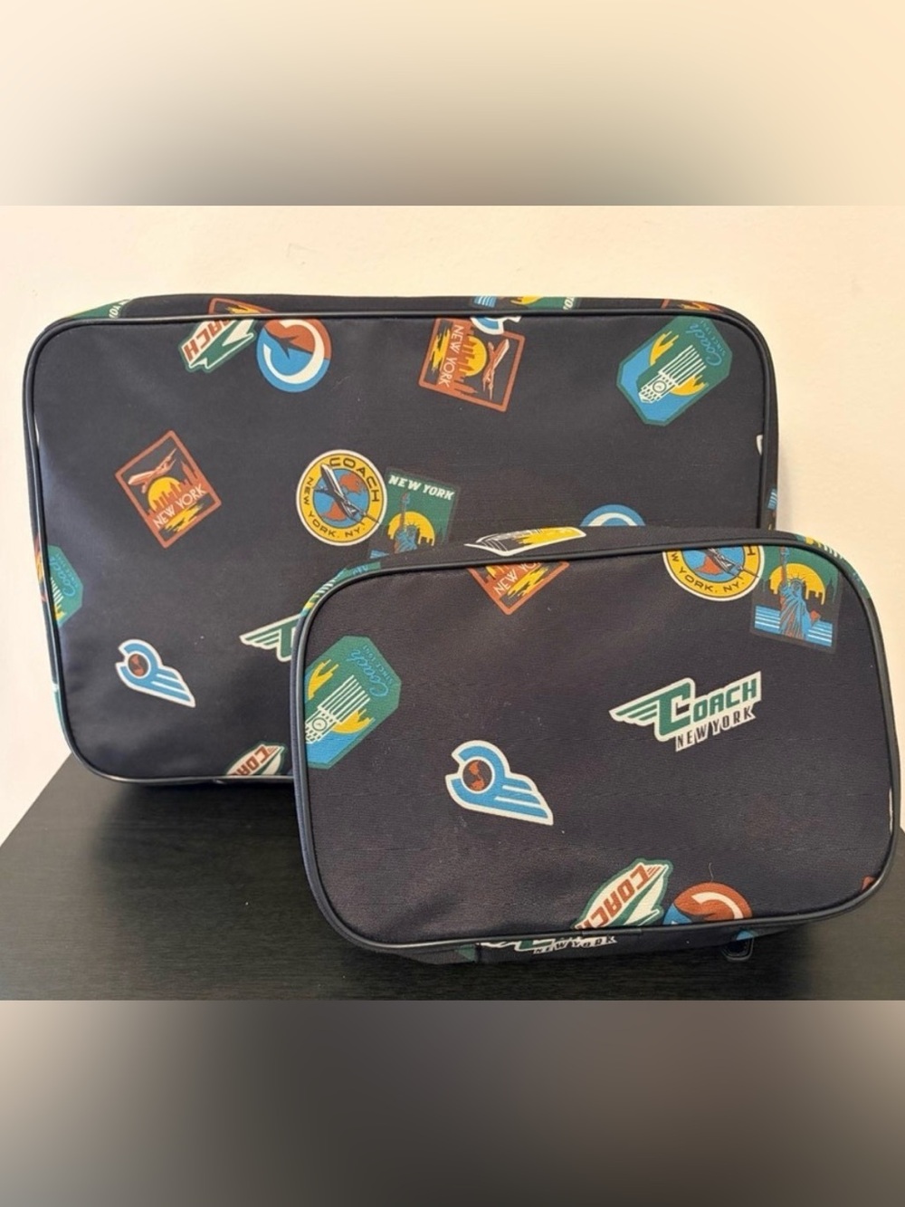 Coach Men’s Black Toiletry Pouch Set of 2 with Multicolor Travel Badge Print